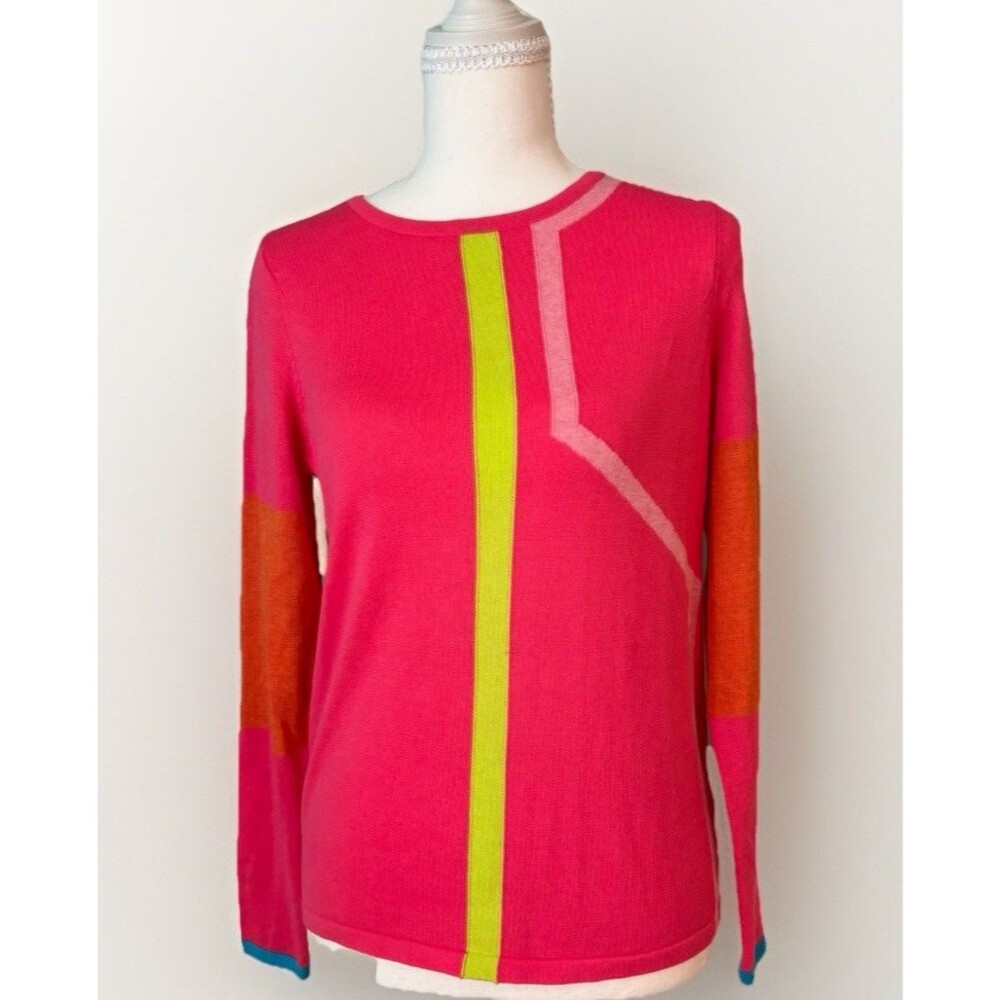 Edinburgh Knitwear 100% Pima Cotton Neon Pink Colorblock Geometric Sweater XS